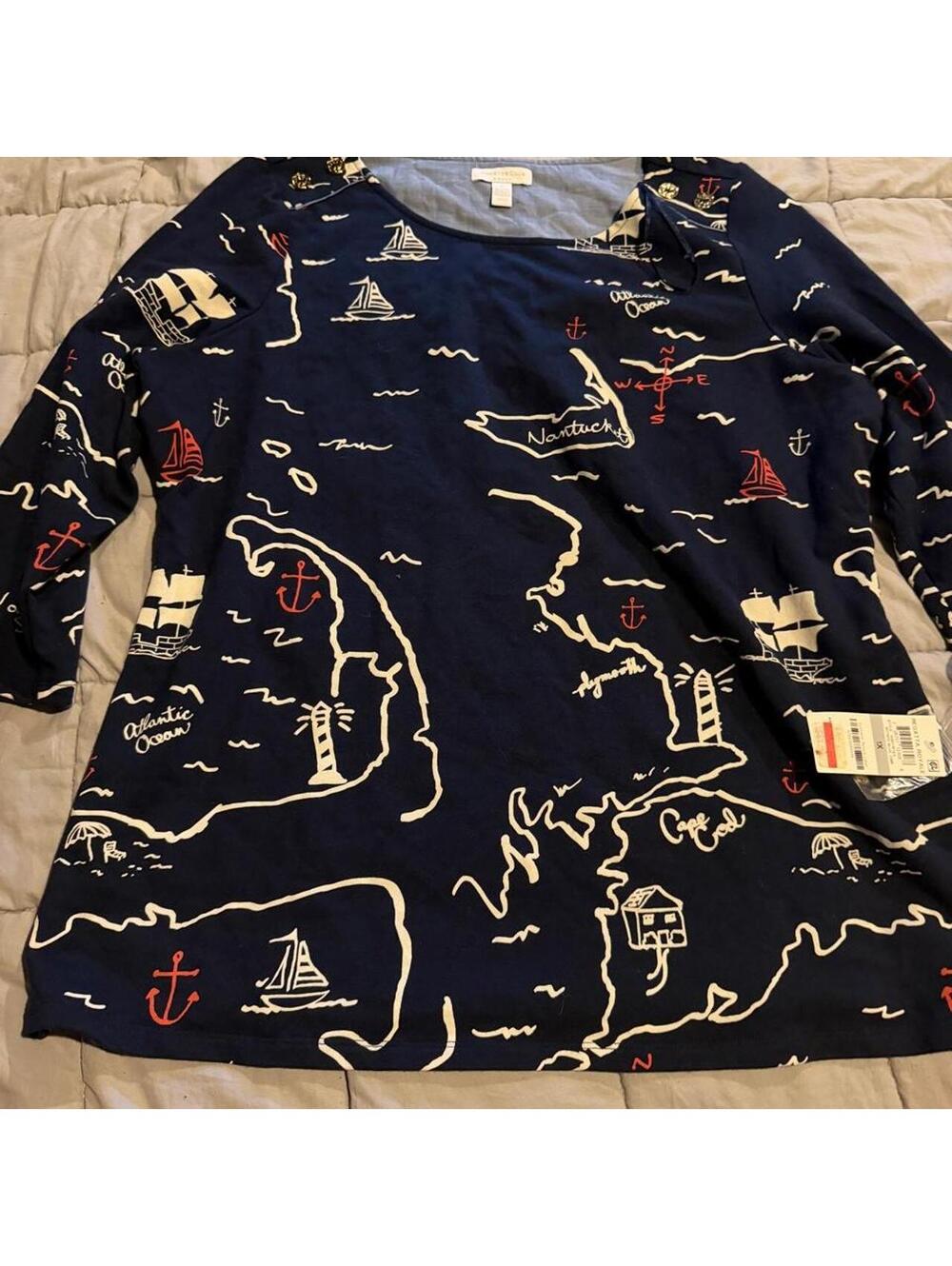 Charter Club Women's Nautical Print Long Sleeve Top Size 1X